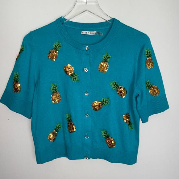 🍍 Alice + Olivia Pineapple Sequin Cardigan – Turquoise (L)295 - Picture 5 of 14